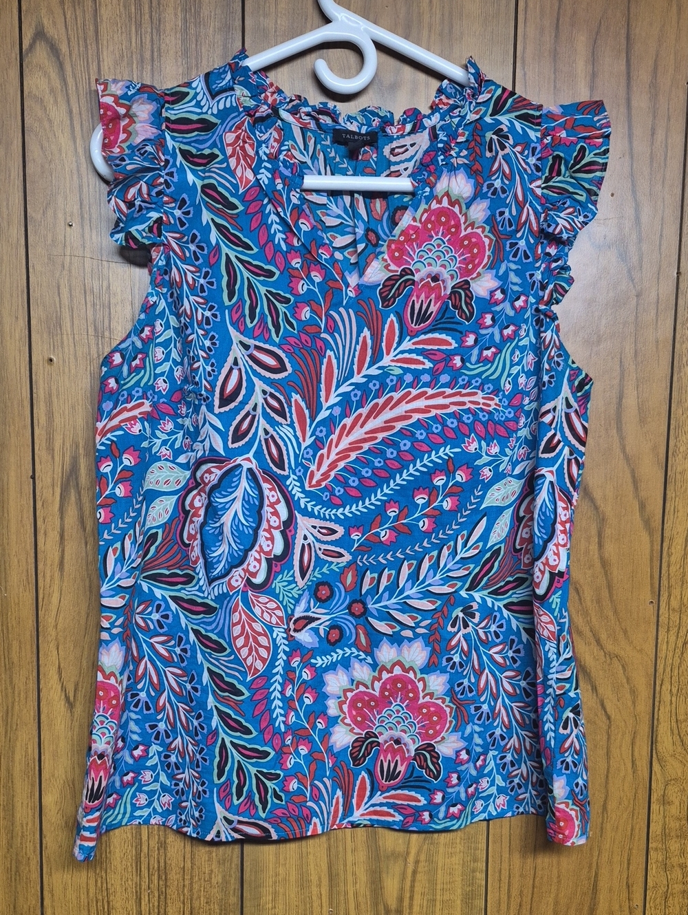 Talbots Blue Floral V-Neck Ruffle Cap Sleeve Camisole Size Medium
